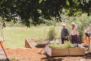 Two elderly women walking through a community garden with raised garden beds on a sunny day