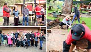 Volunteers working together to restore and renovate a children’s playground and garden beds at Little Yuin Pre-School.