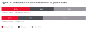 A bar chart compares satisfaction for natural disaster claim vs general claim.